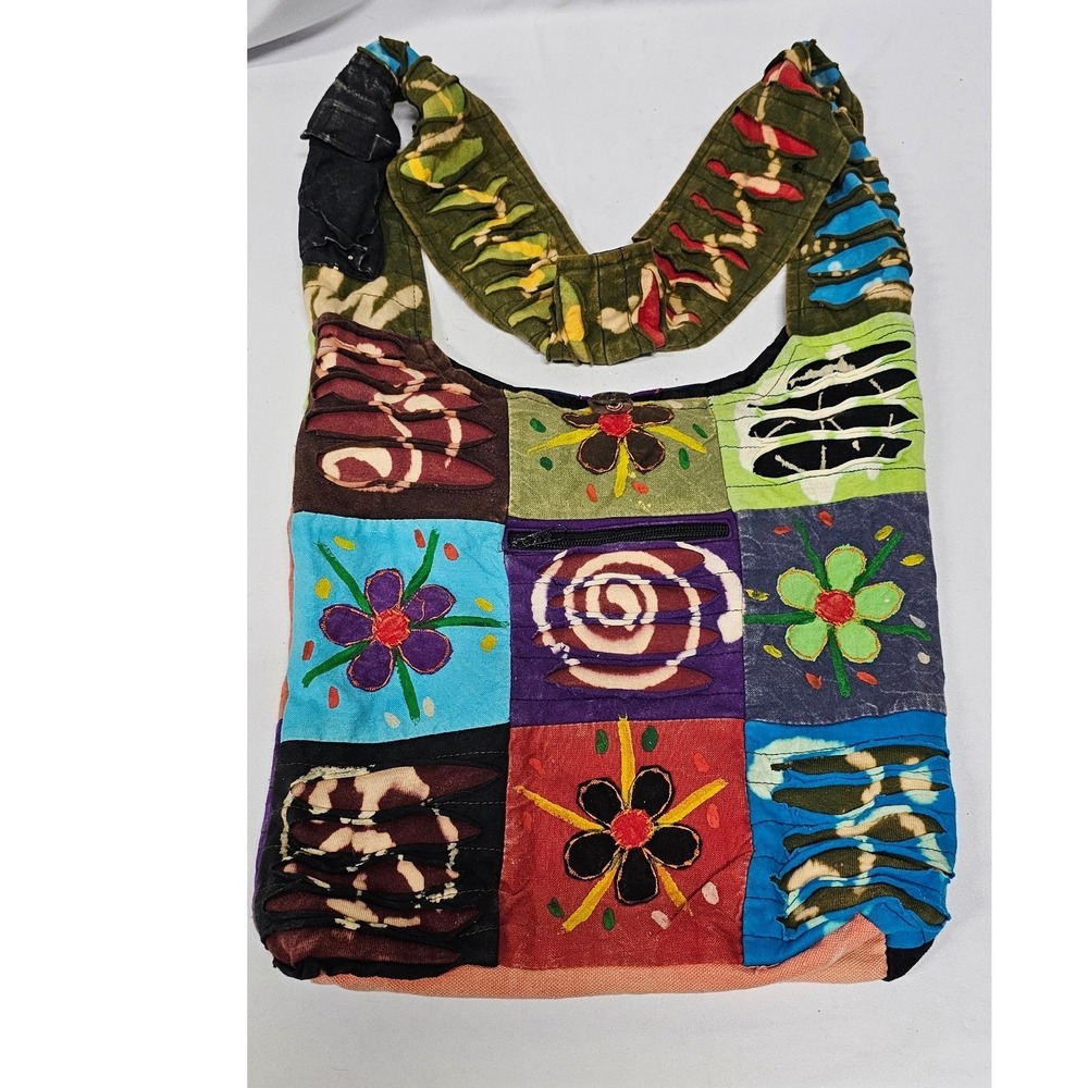 Boho Patchwork Hobo Bag Floral Embroidery Razor Cut Crossbody Sling Multicolored